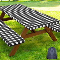 Smiry 8FT picnic table cover set with black and white buffalo plaid design