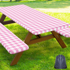 Smiry 8FT picnic table cover set with pink and white buffalo plaid design