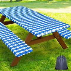 Smiry blue and white picnic table cover set including table cover and two bench covers