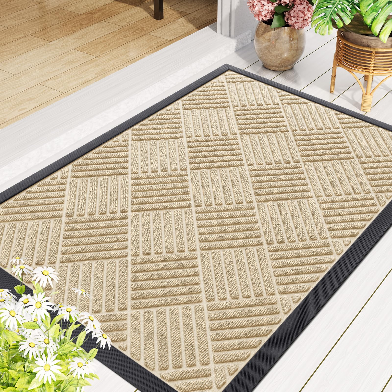 Smiry door mat with packaging and dimensions shown