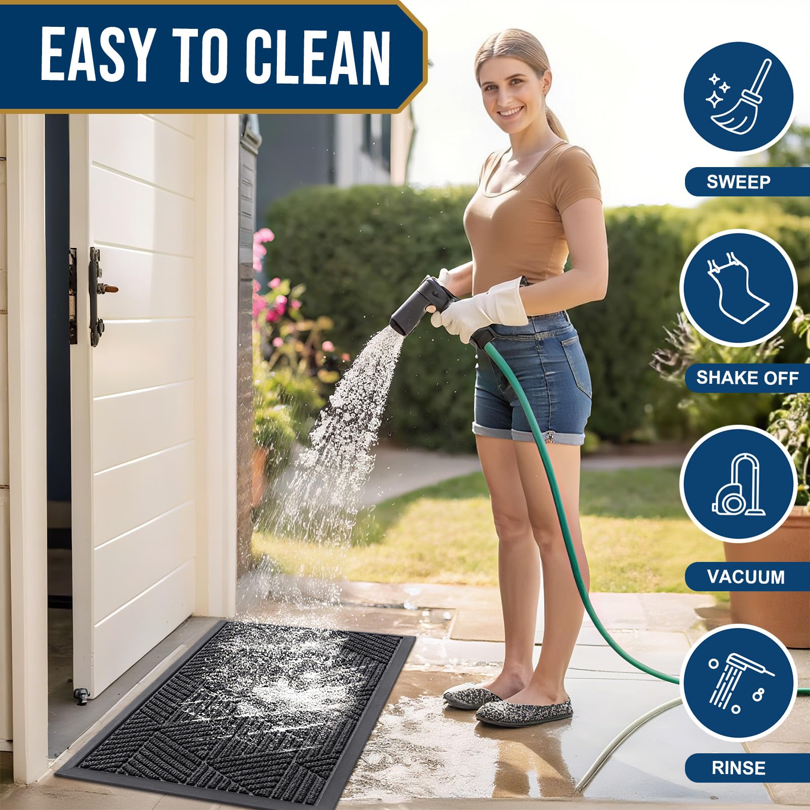 Smiry doormat being cleaned with a broom
