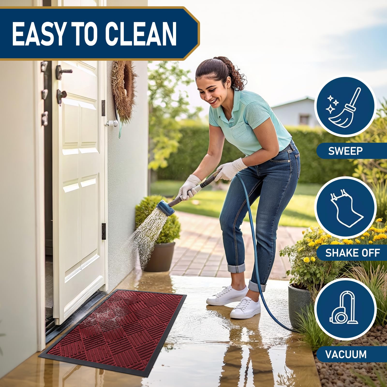 Smiry Front Door Mat being cleaned with a hose
