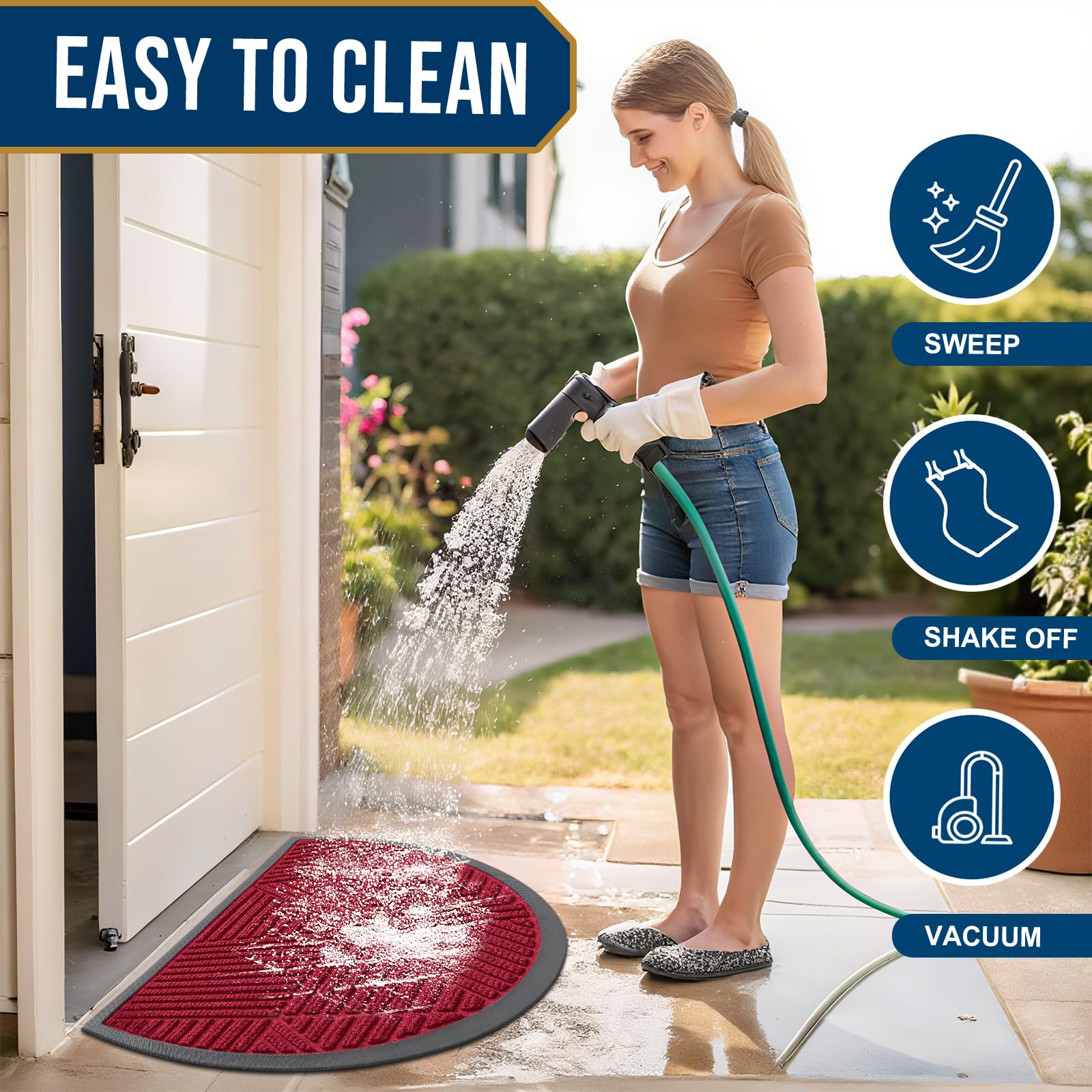 Smiry Half Circle Doormat displayed on a patio