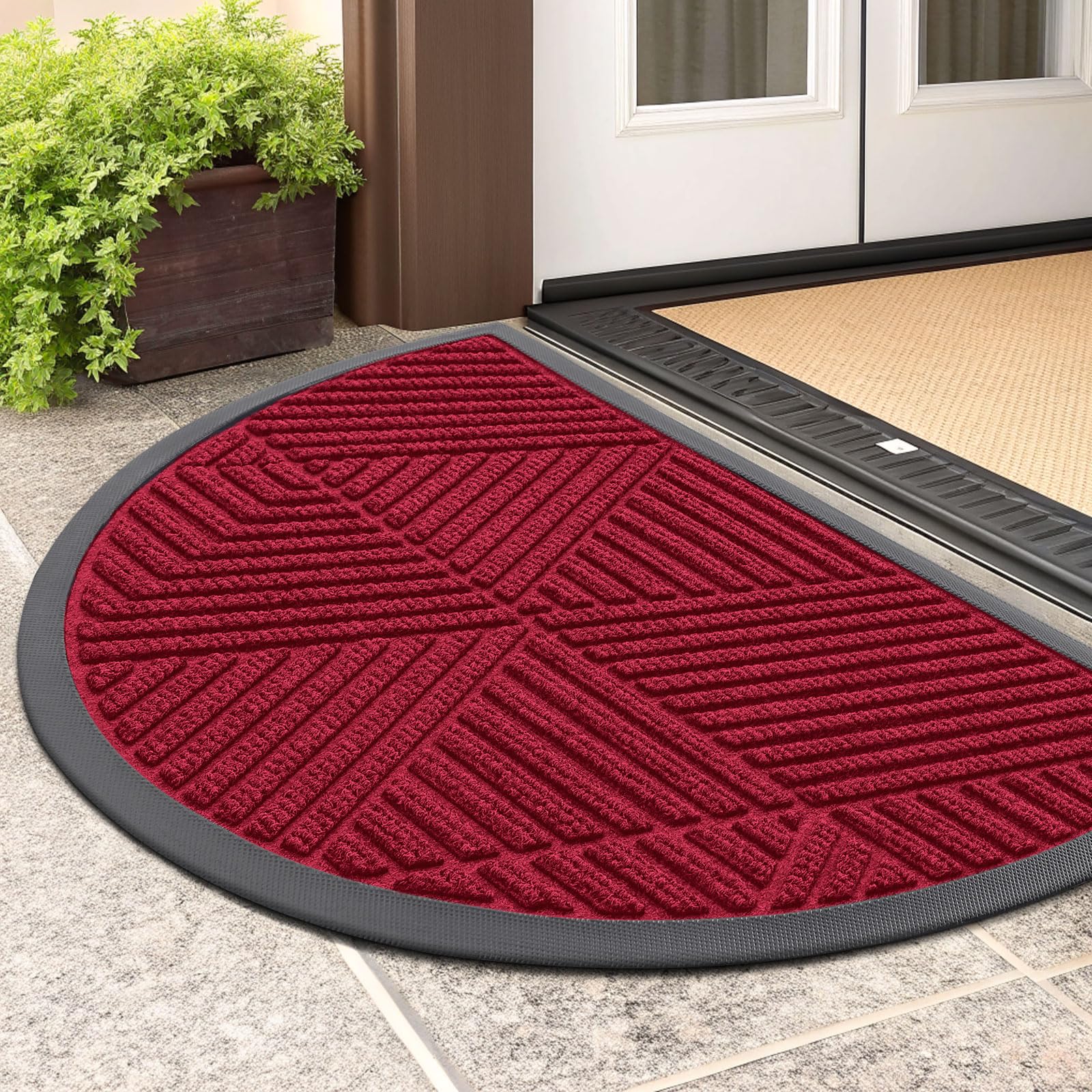 Smiry Half Circle Doormat front view in Wine Red