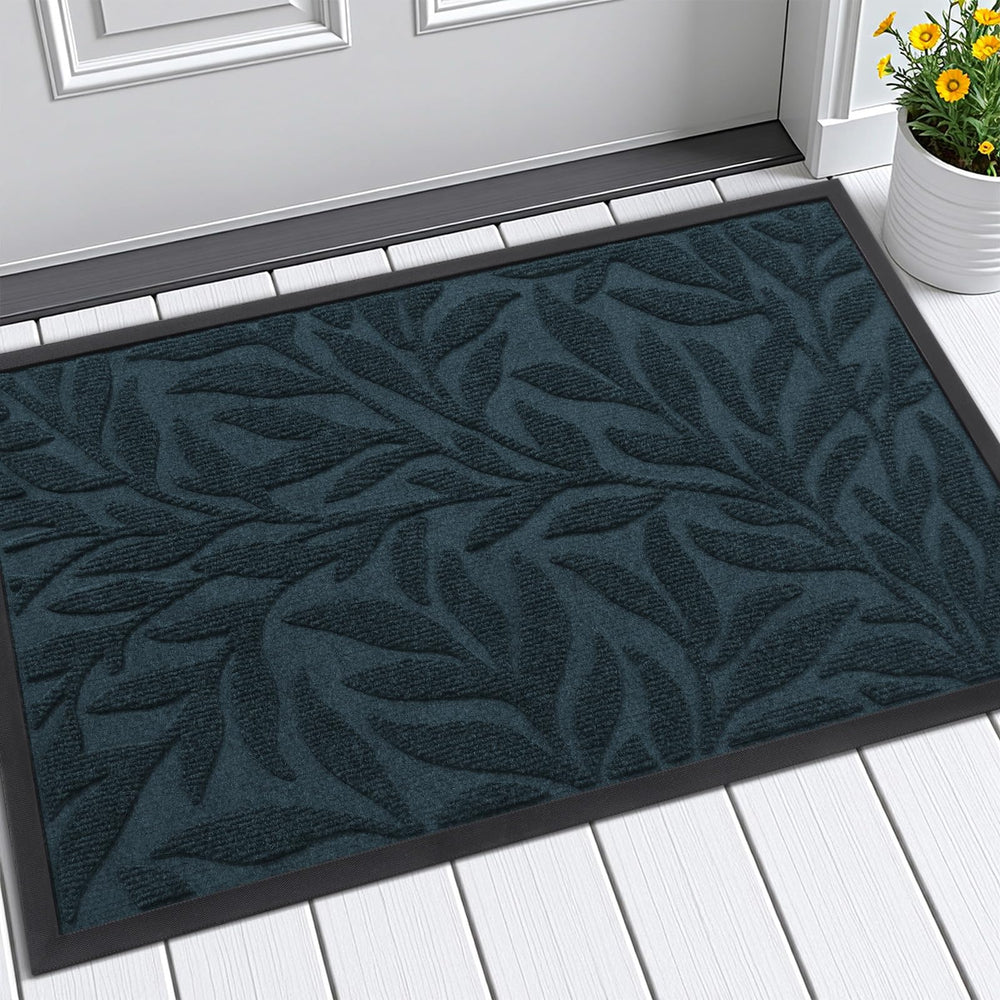 Smiry Leaf Doormat front view in Lake Blue