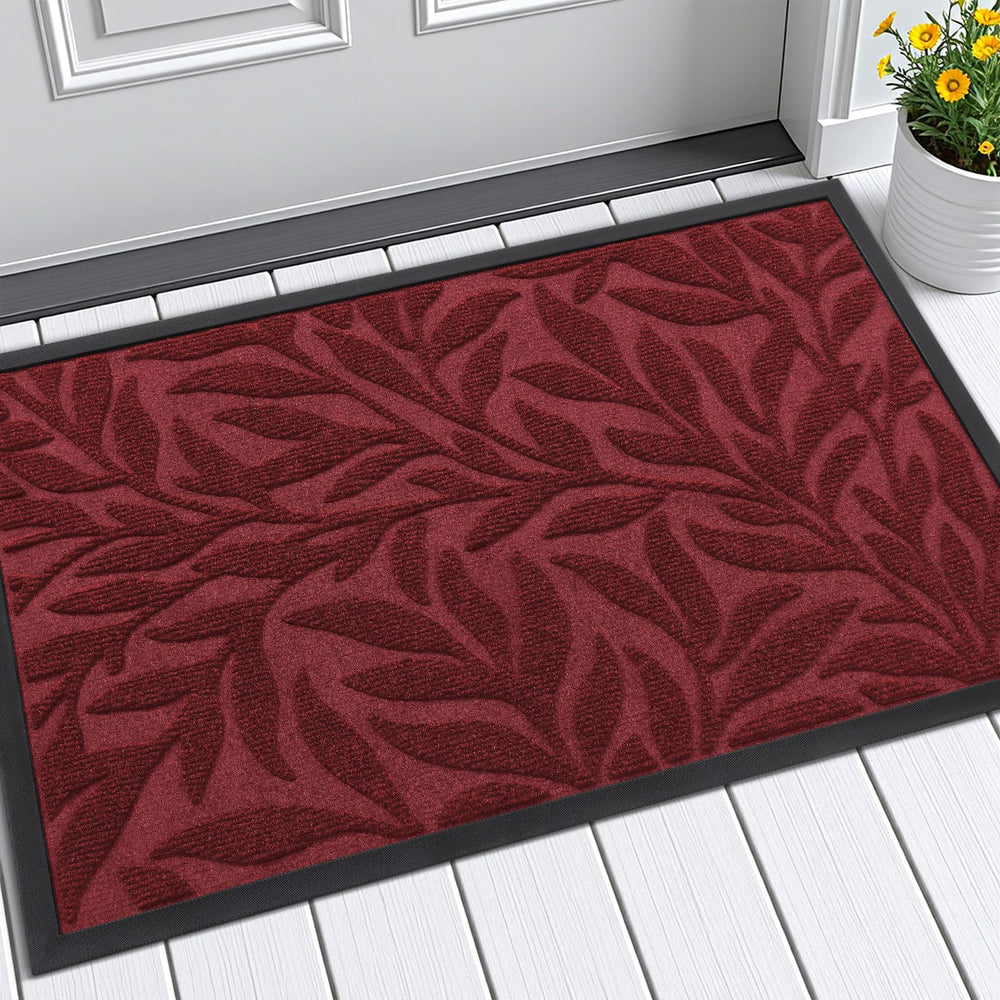 Smiry Leaf Front Door Mat 35x23 in Wine Red front view