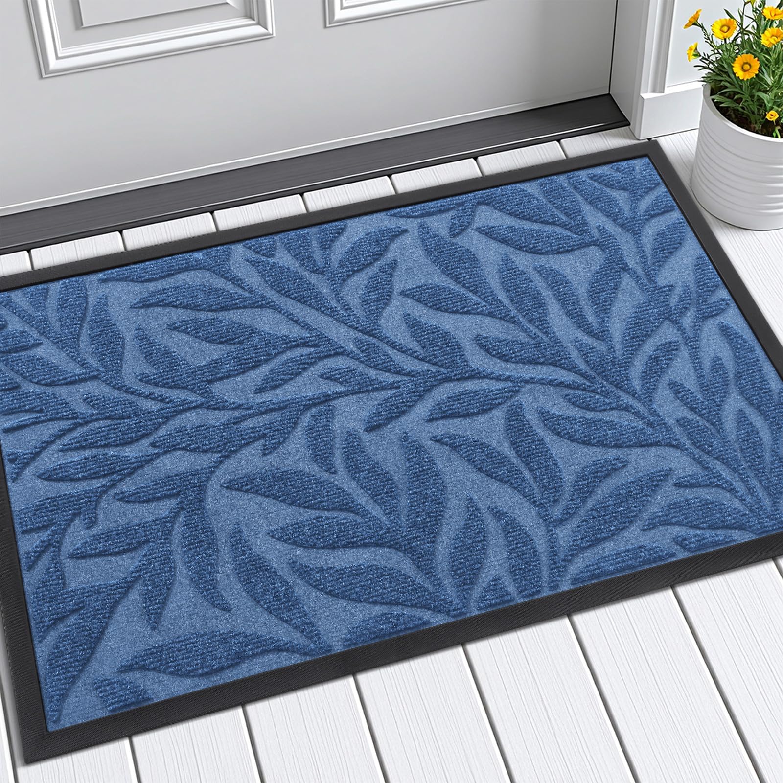 Smiry Leaf Front Door Mat blue model front view