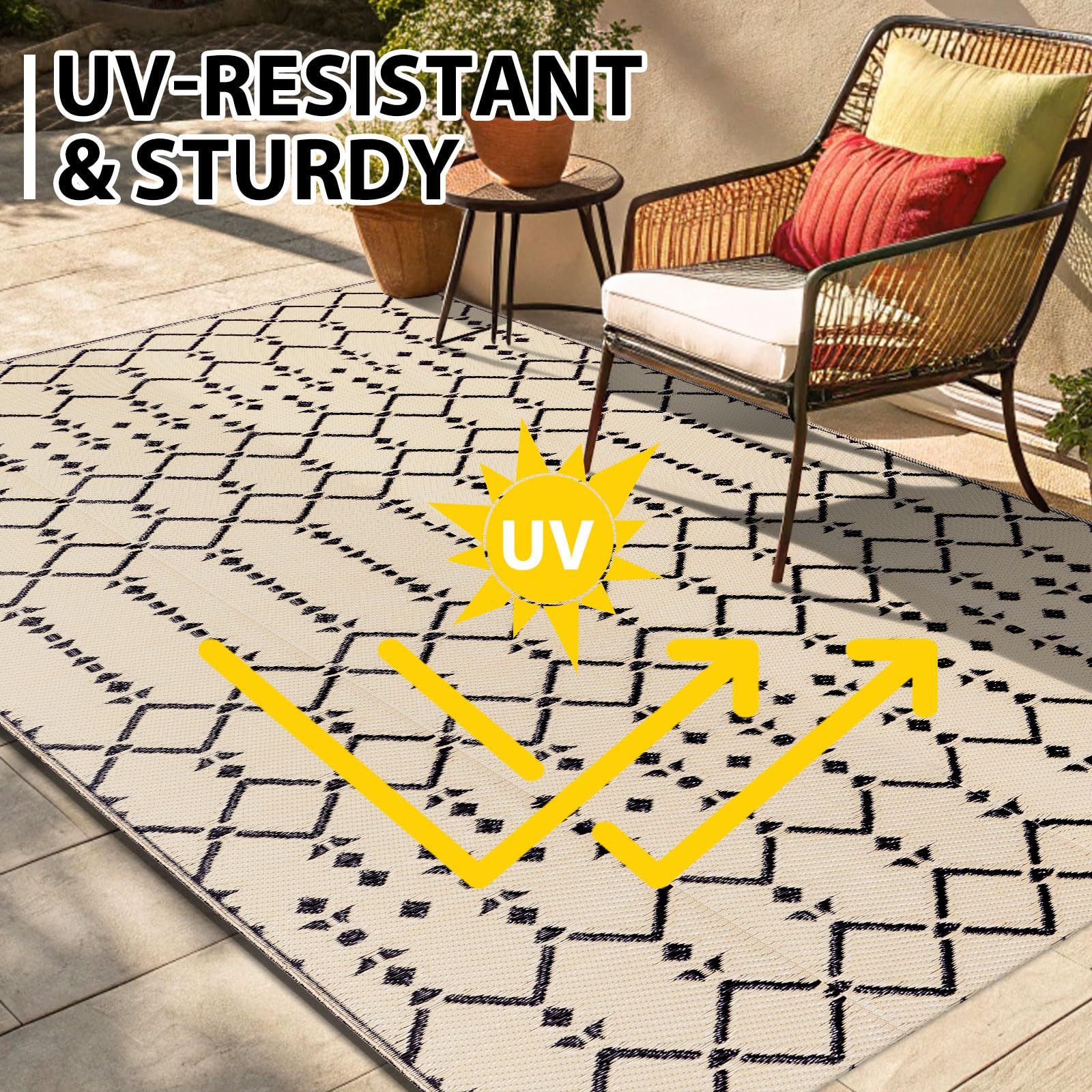 Smiry Outdoor Rug 5x8 ft displayed on patio