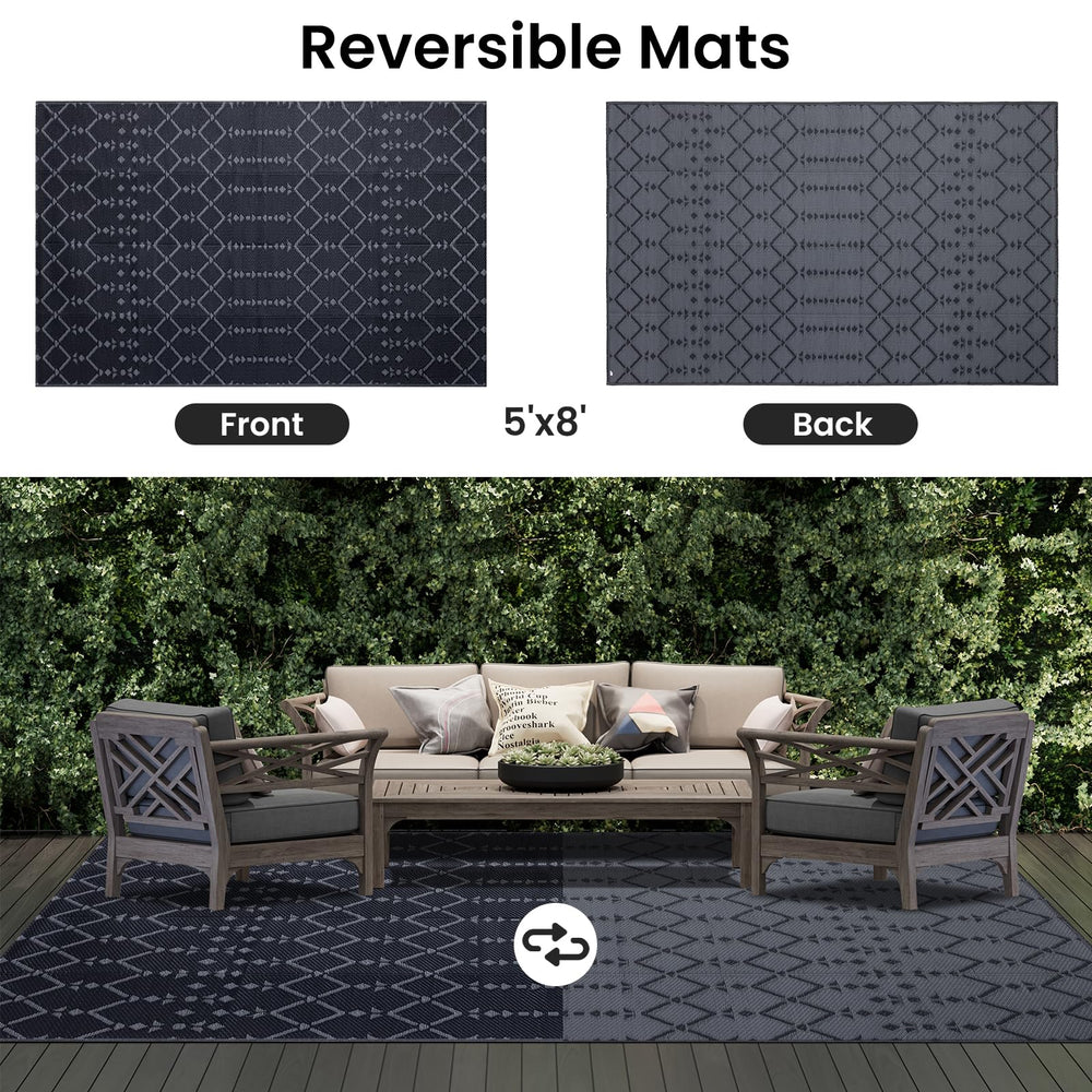 Smiry Outdoor Rug 5x8 ft in a garden setting