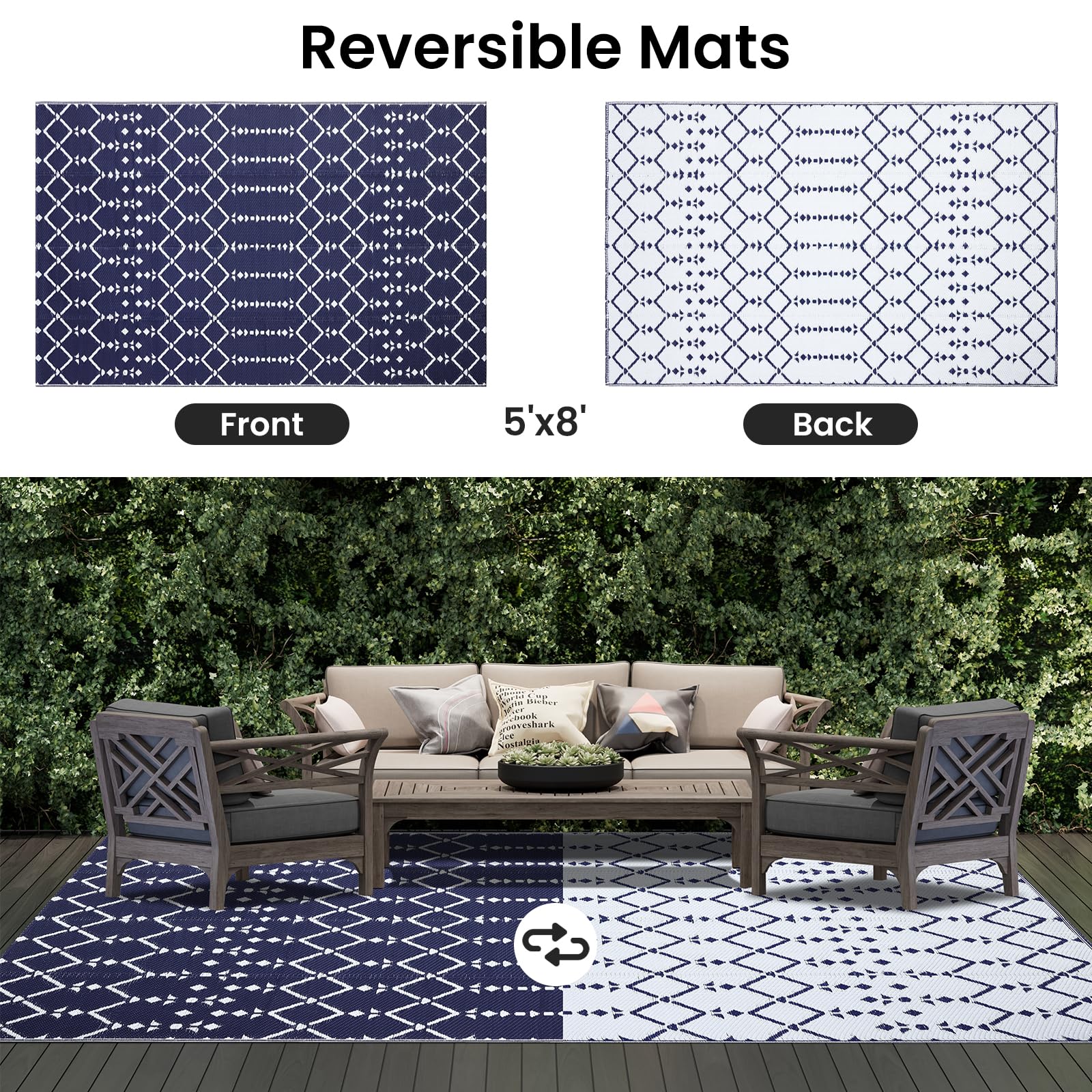 Smiry Outdoor Rug 5x8 ft navy geometric pattern