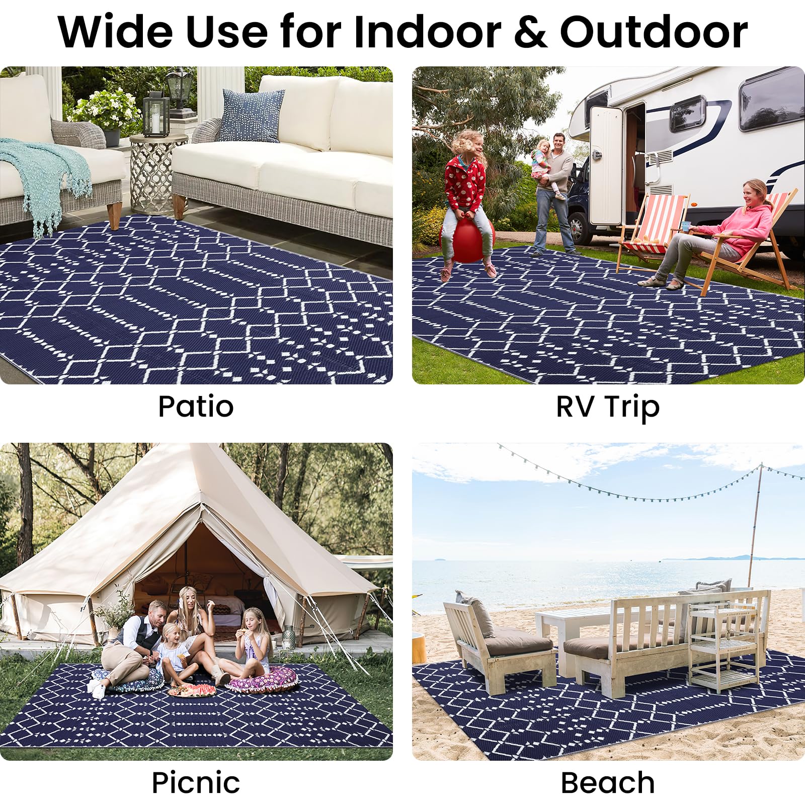 Smiry Outdoor Rug 5x8 ft navy in a garden