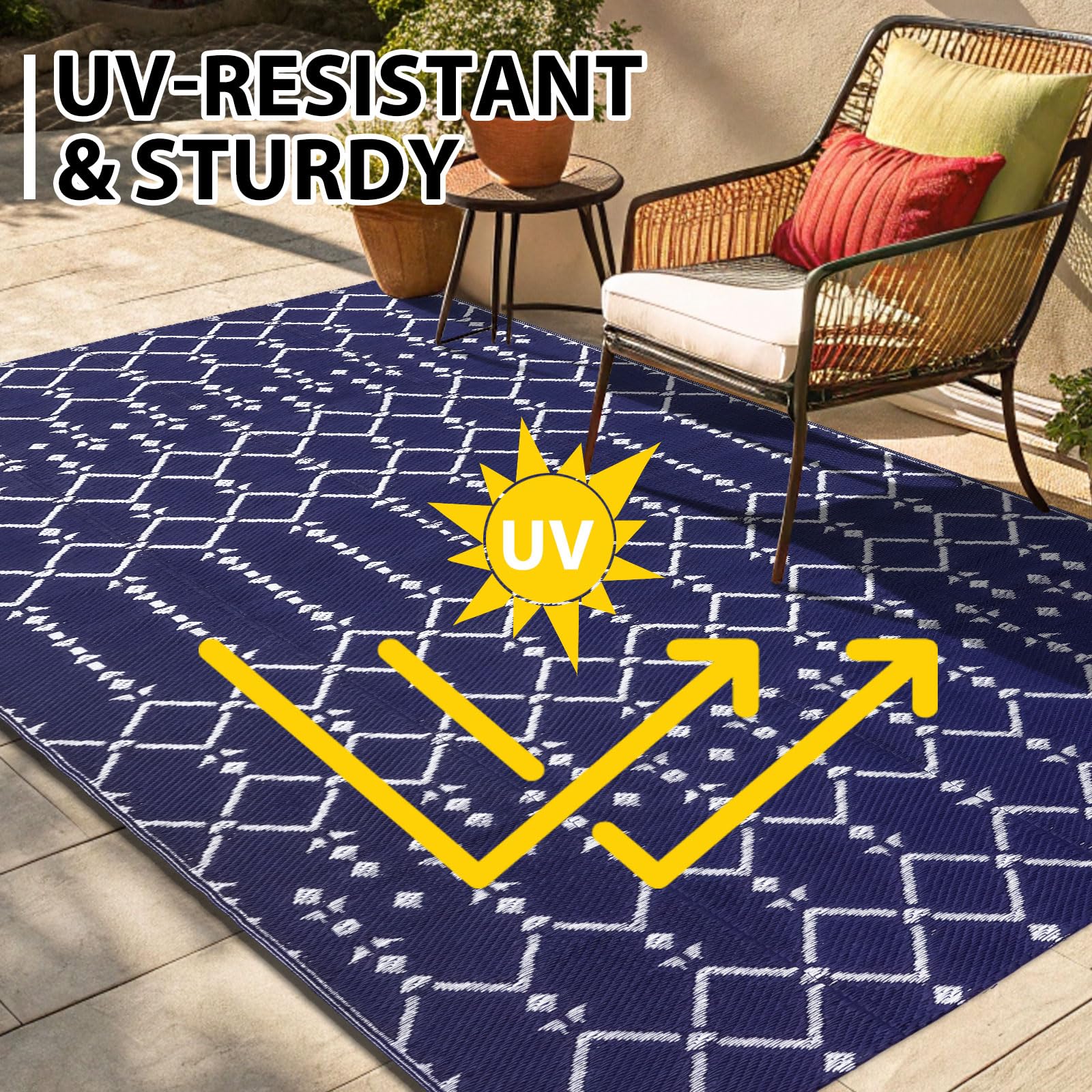 Smiry Outdoor Rug 5x8 ft on a patio setting