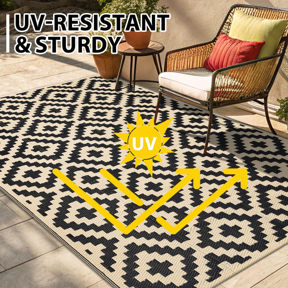 Smiry Outdoor Rug 5x8 ft placed on a patio setting