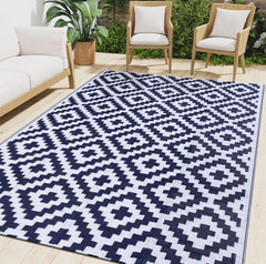 Smiry Outdoor Rug 6x9 ft front view in white and navy pattern