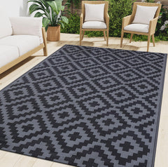 Smiry Outdoor Rug 8x10 ft black and grey geometric pattern