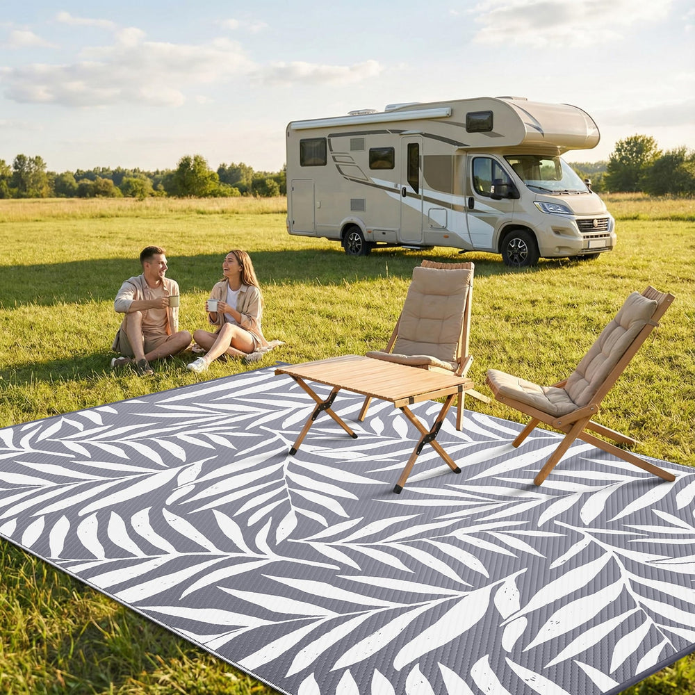 Smiry Outdoor Rug 9x12 ft Grey & White on patio