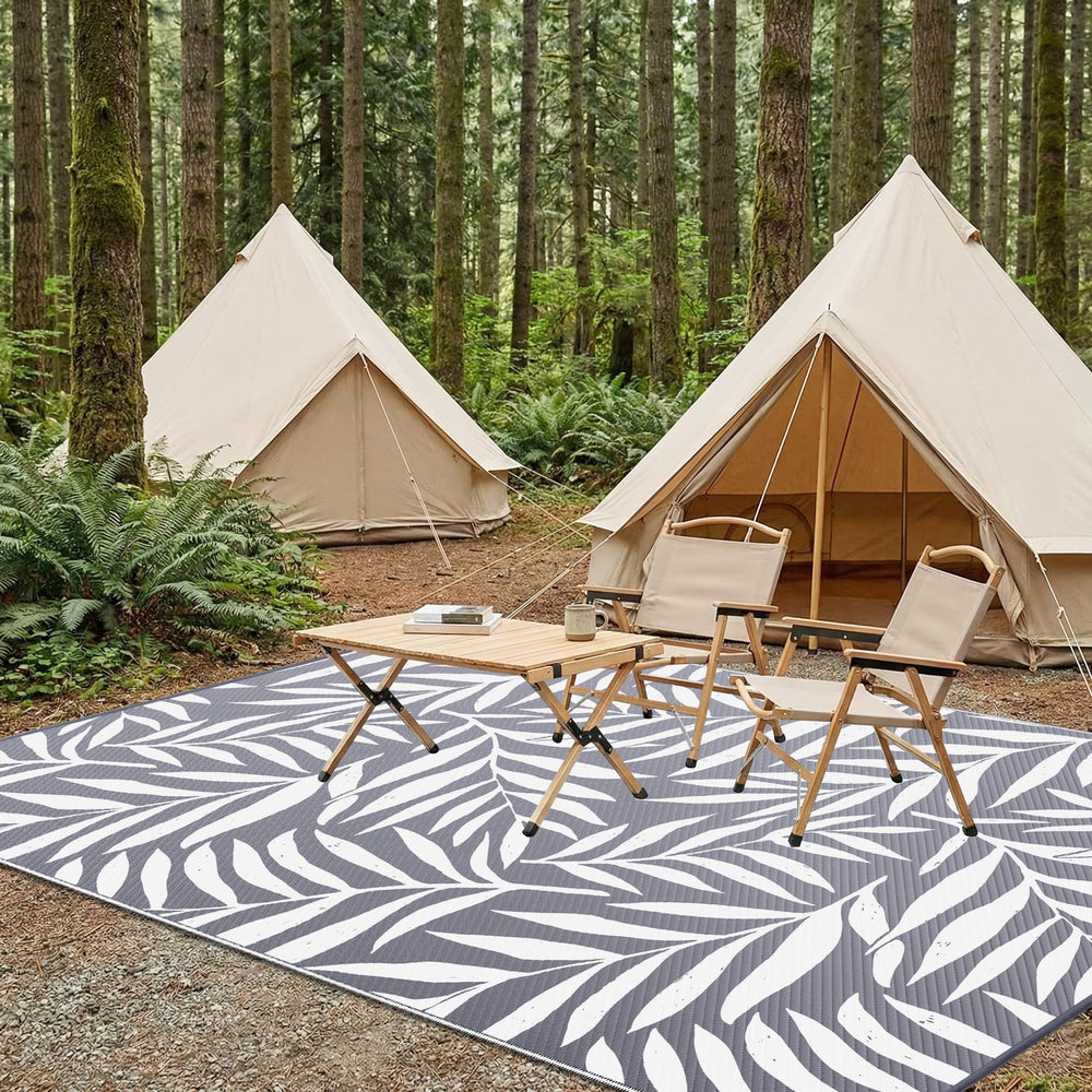 Smiry Outdoor Rug 9x12 ft Grey & White with picnic setup