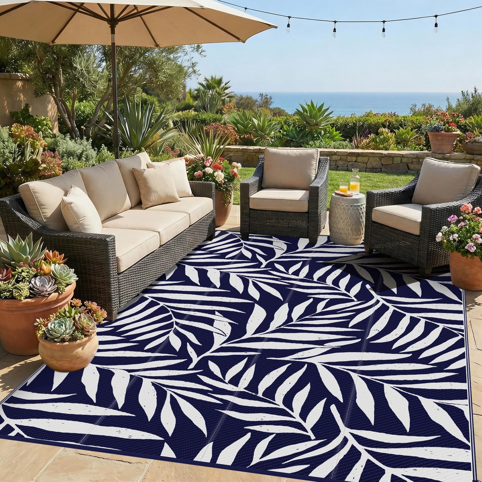 Smiry Outdoor Rug 9x12 ft Navy Blue and White front view