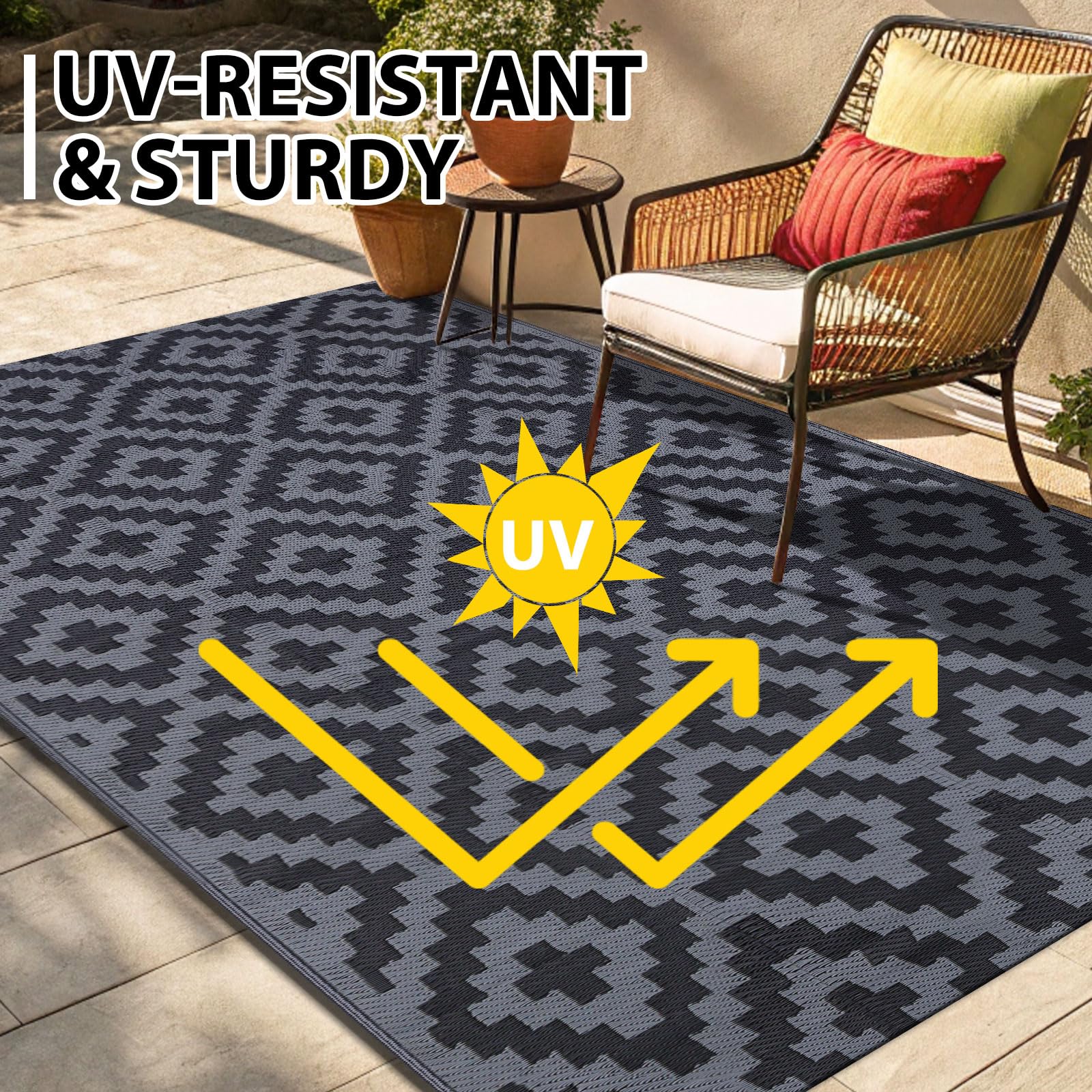 Smiry Outdoor Rug set up on a patio