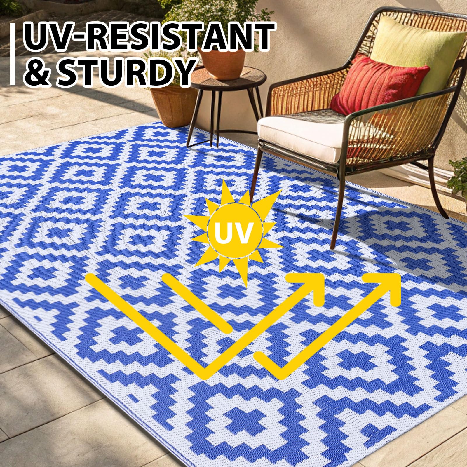 Smiry Outdoor Rug spread out on a grassy area