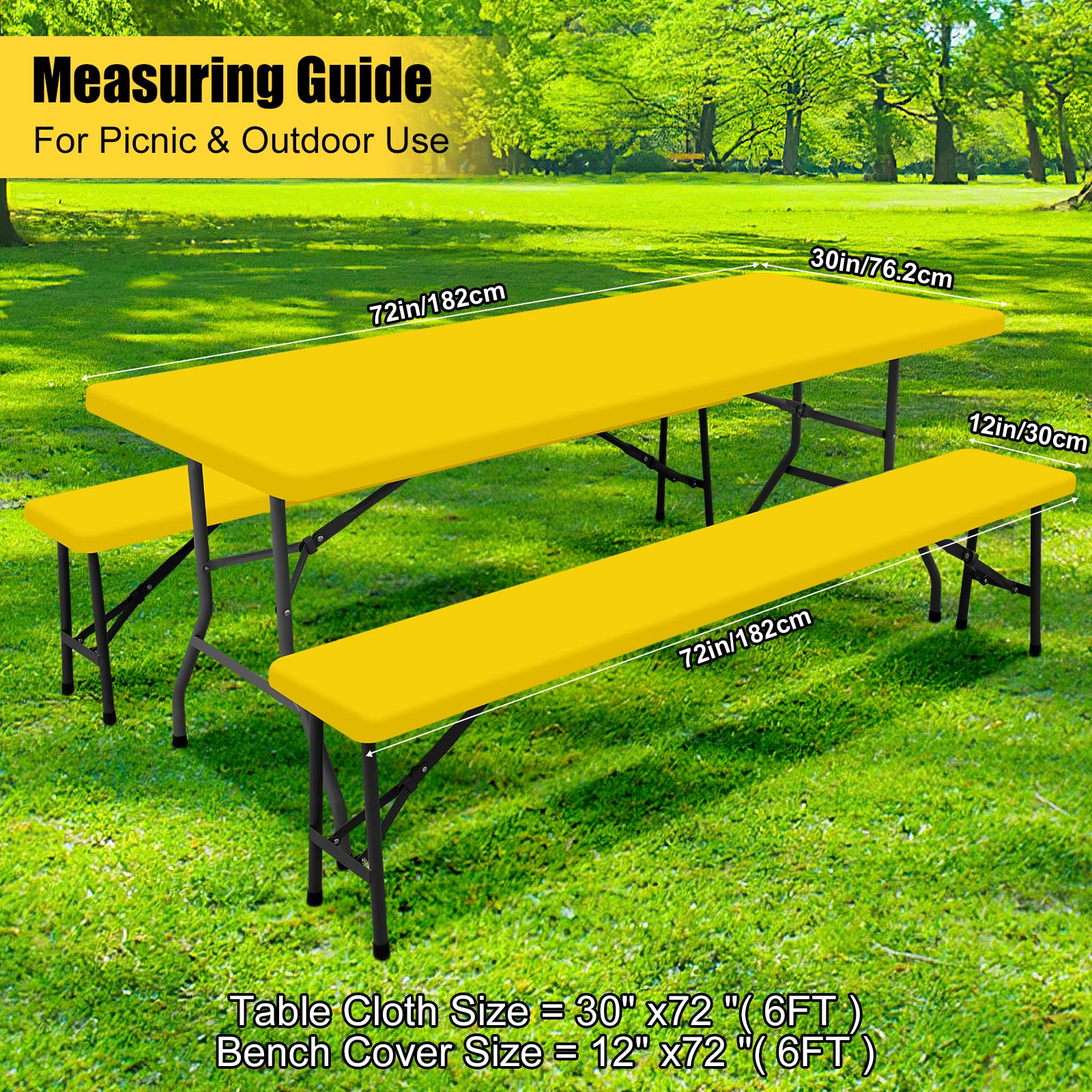 Smiry picnic setup featuring table and bench covers in yellow