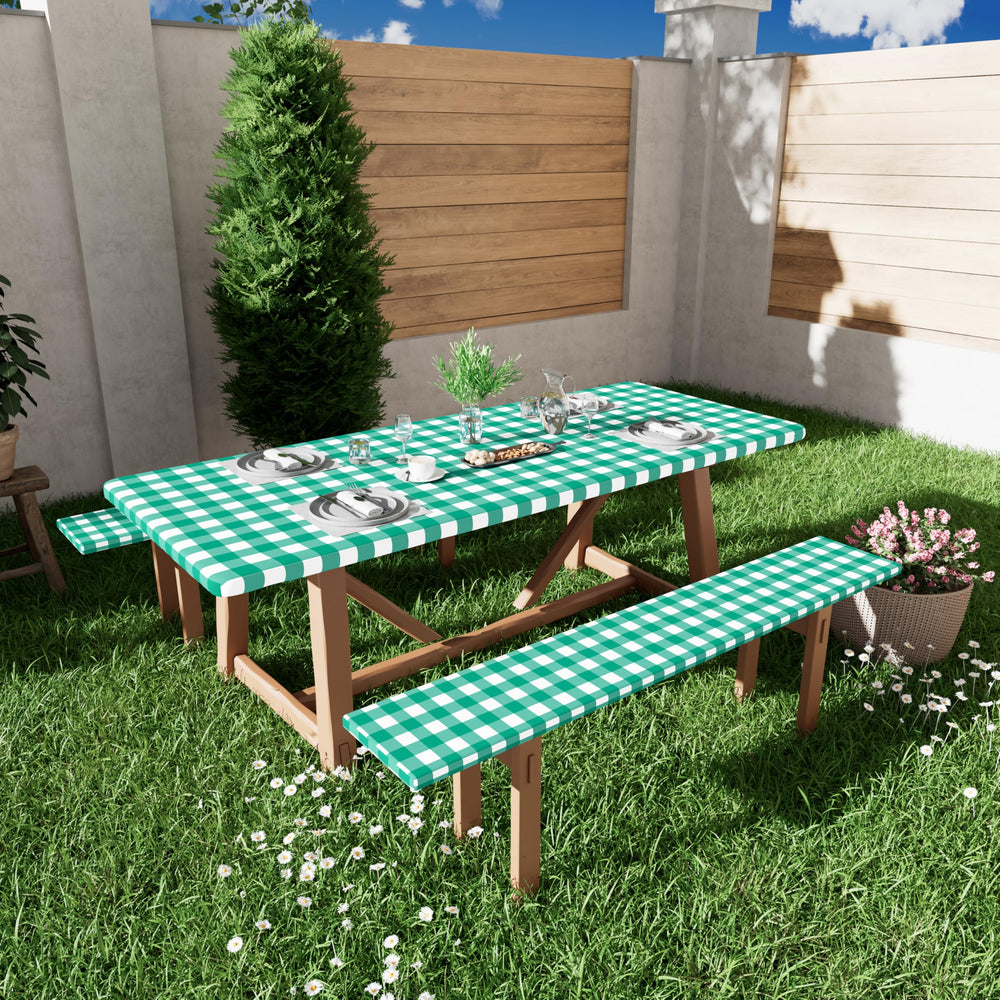 Smiry picnic table cover and bench covers laid out flat
