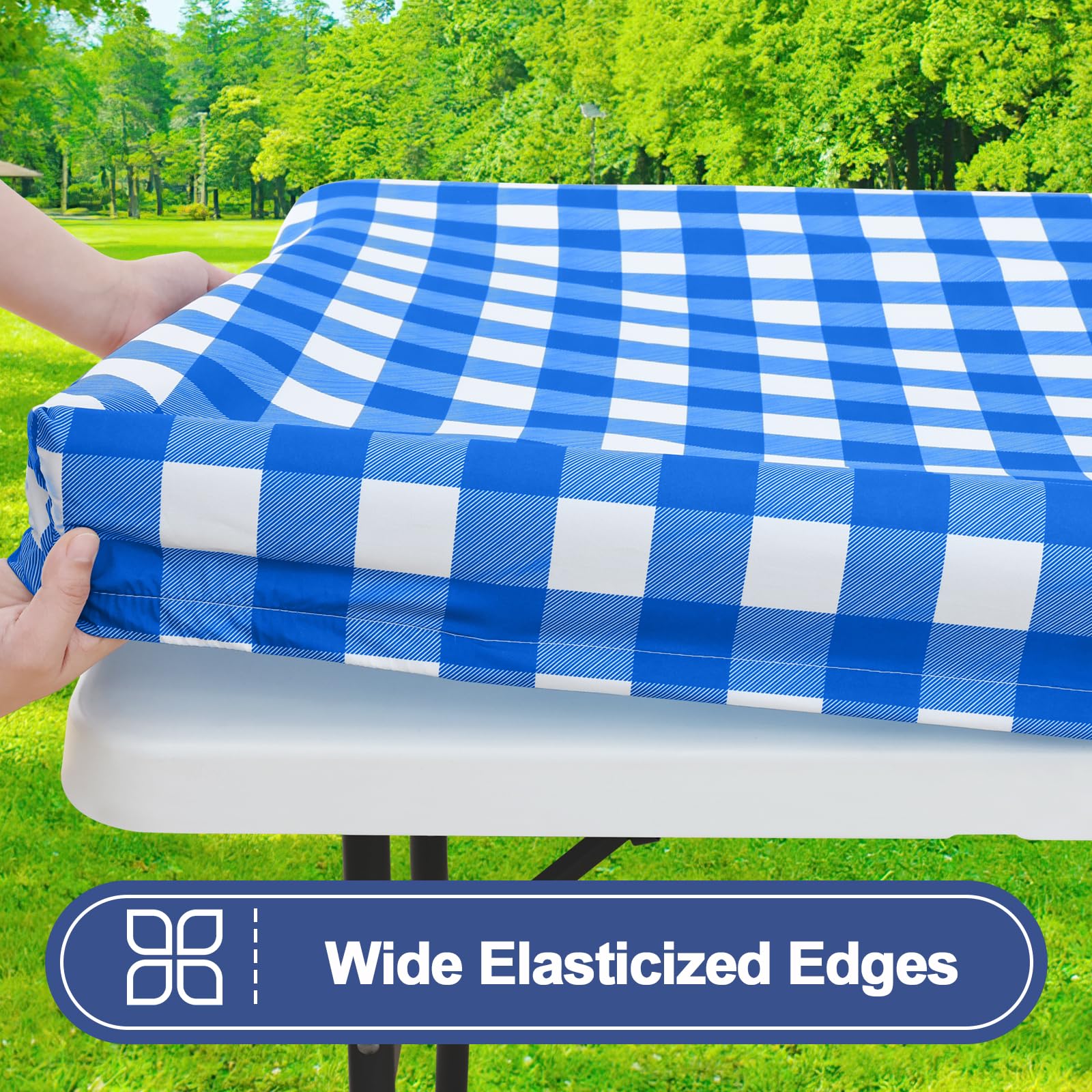Smiry picnic table cover and bench covers laid out on a table