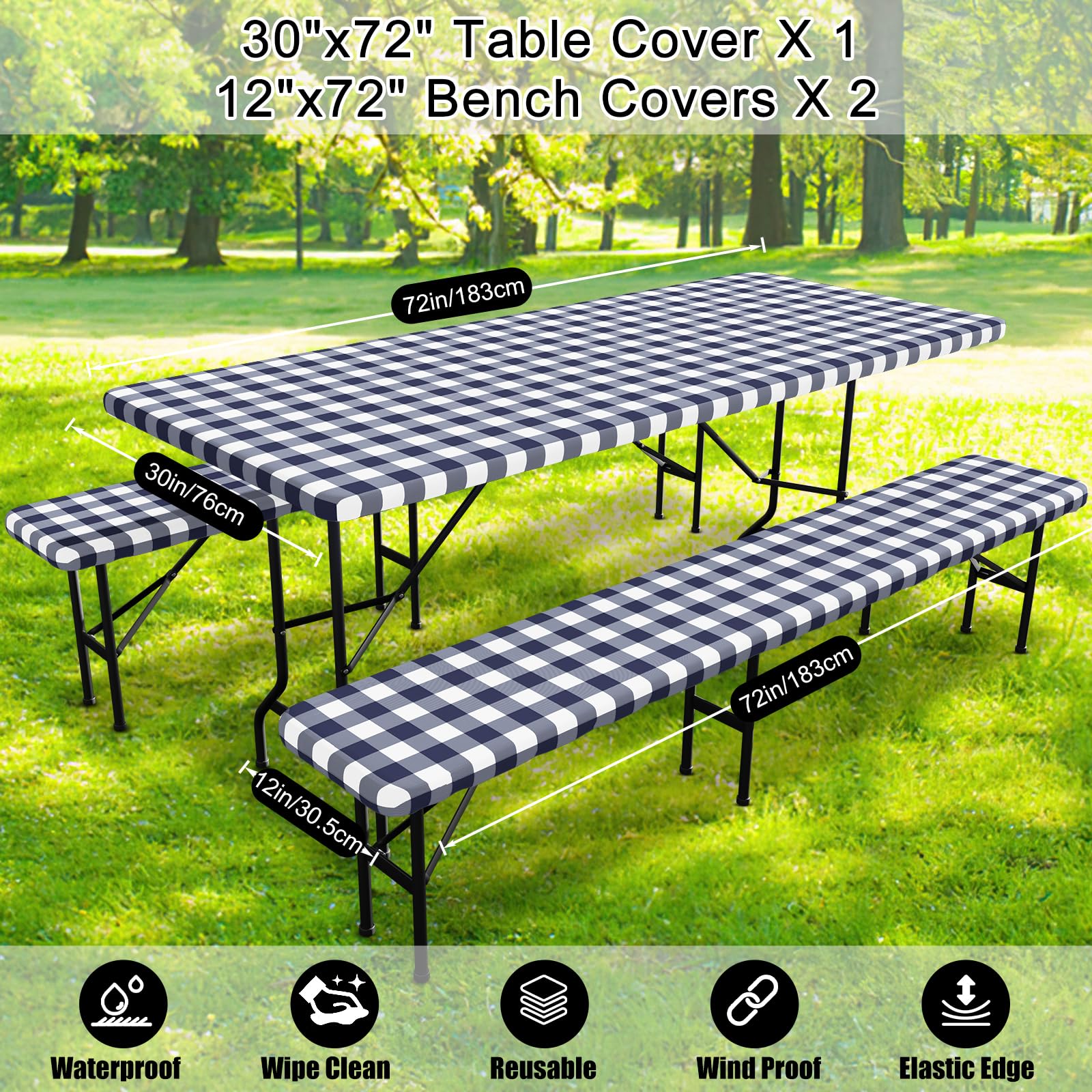Smiry picnic table cover dimensions and specifications displayed