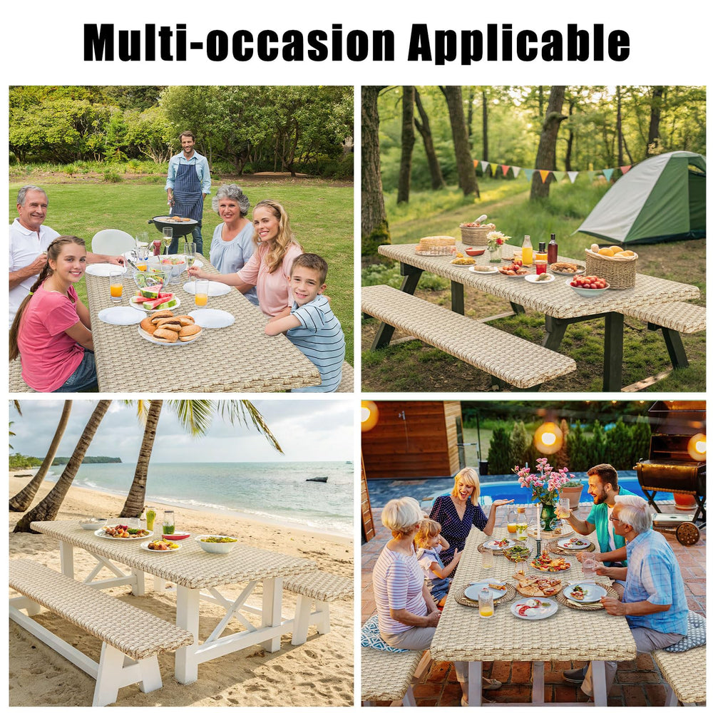 Smiry picnic table cover fitting securely on a table