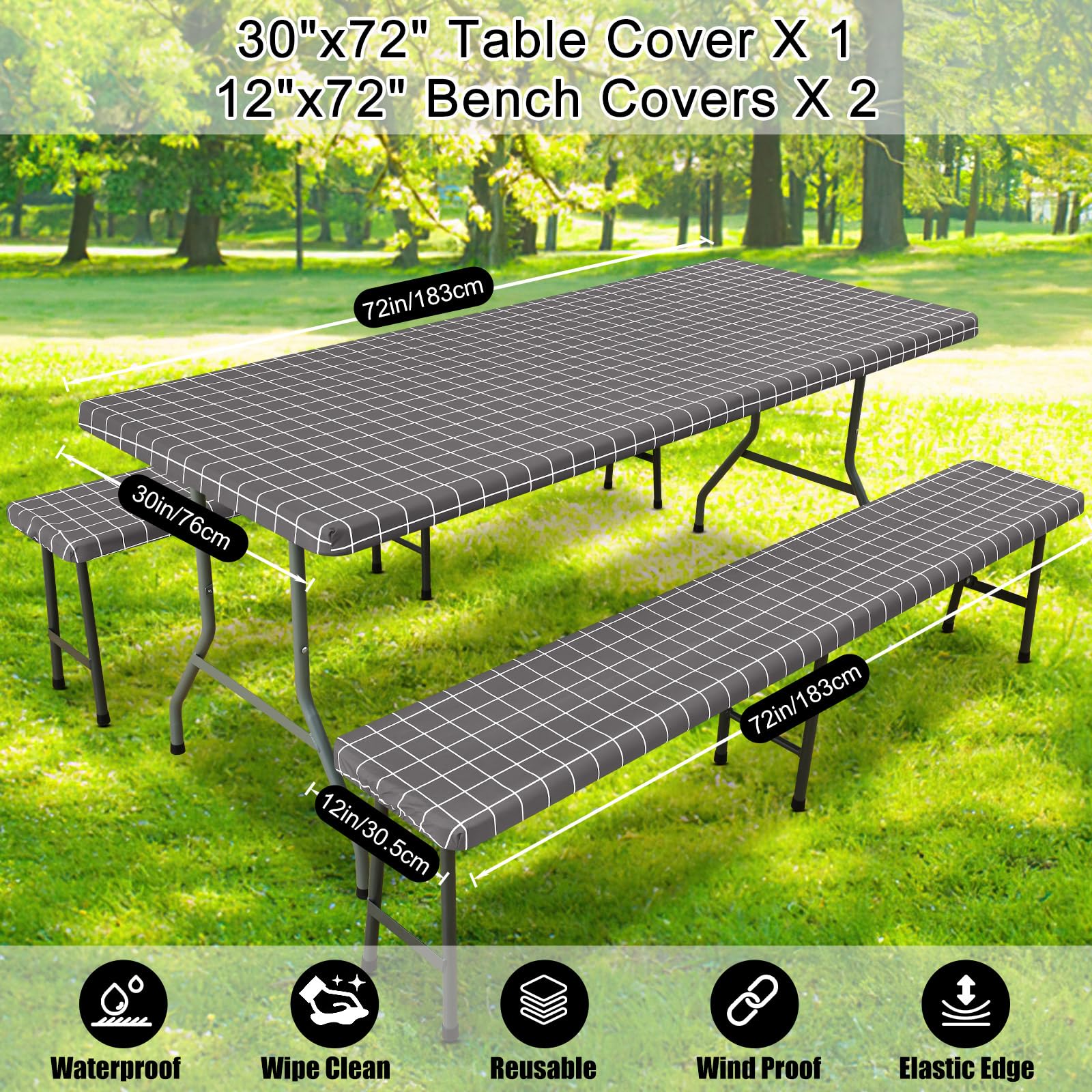 Smiry picnic table cover laid out on a dining table indoors