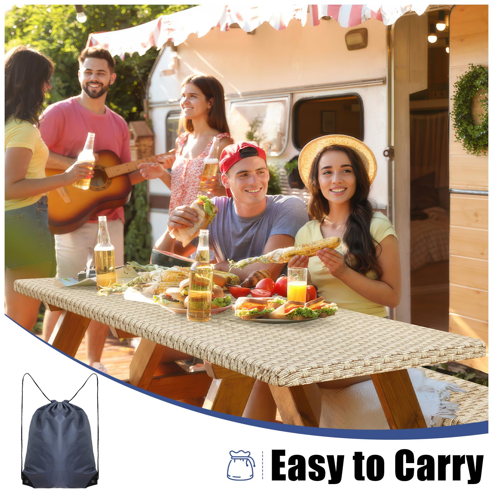 Smiry picnic table cover on a table with food and drinks