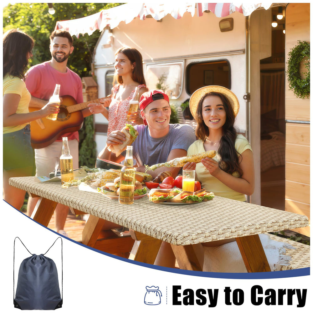 Smiry picnic table cover on a table with food and drinks