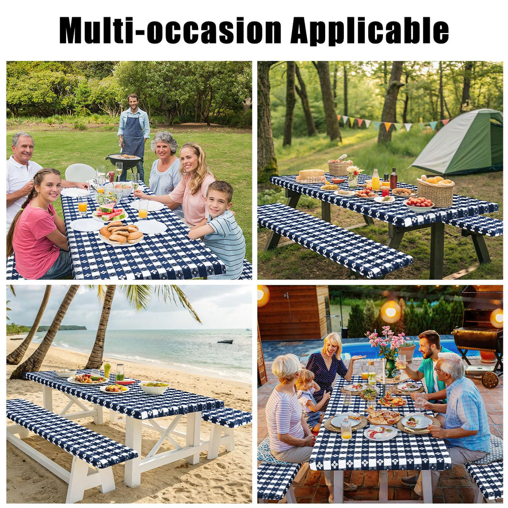 Smiry picnic table cover on a table with food setup