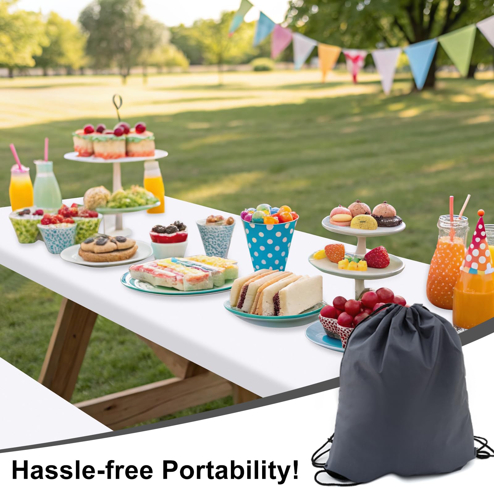 Smiry picnic table cover set displayed on a table with food and drinks