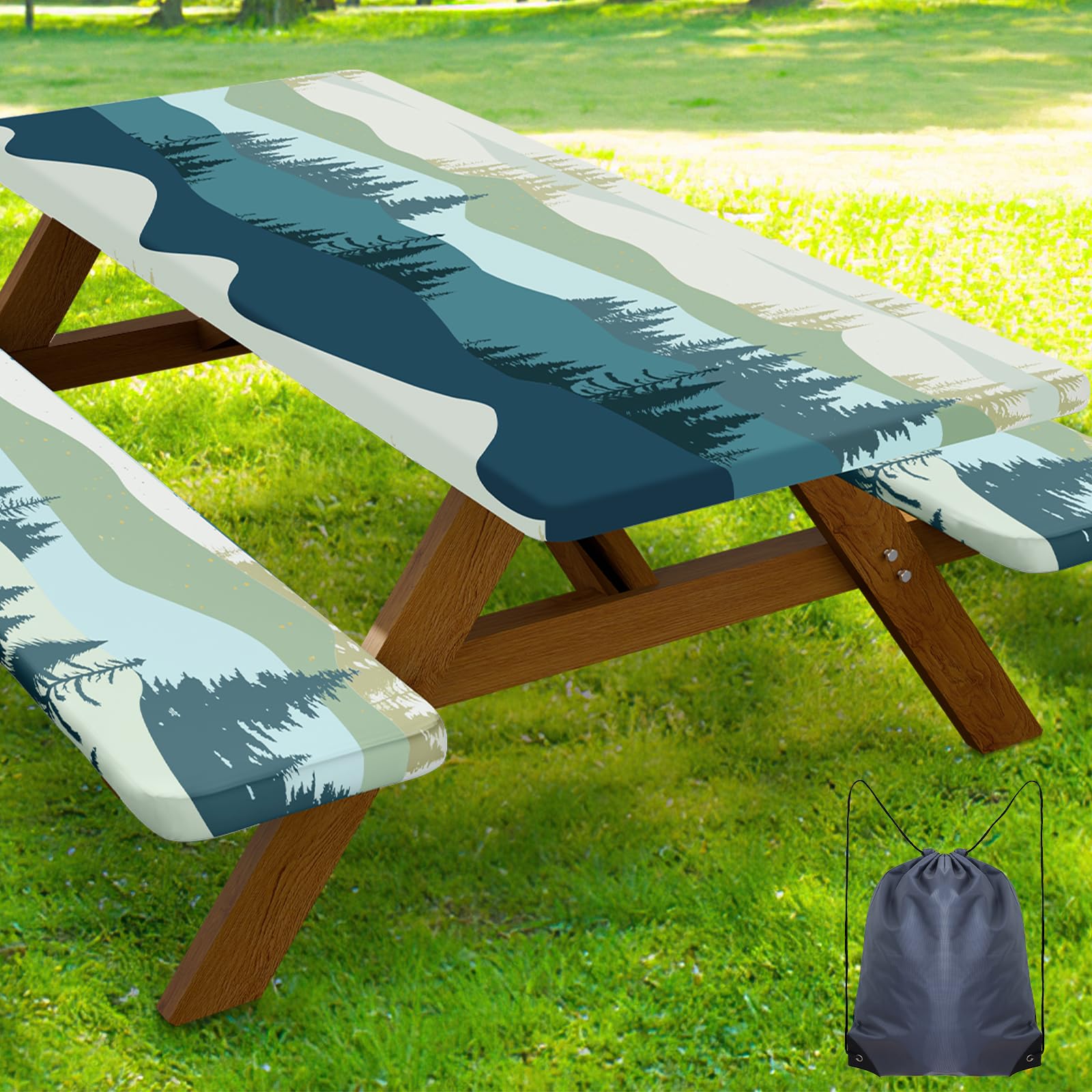 Smiry Picnic Table Cover Set Green Blue front view