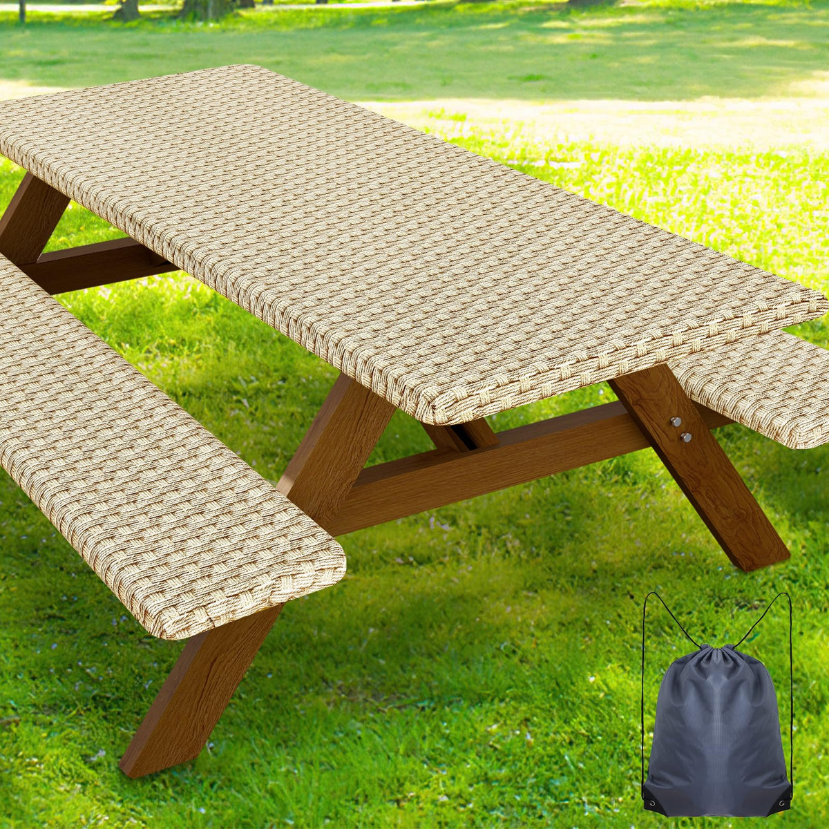 Smiry picnic table cover set in champagne color with bench covers