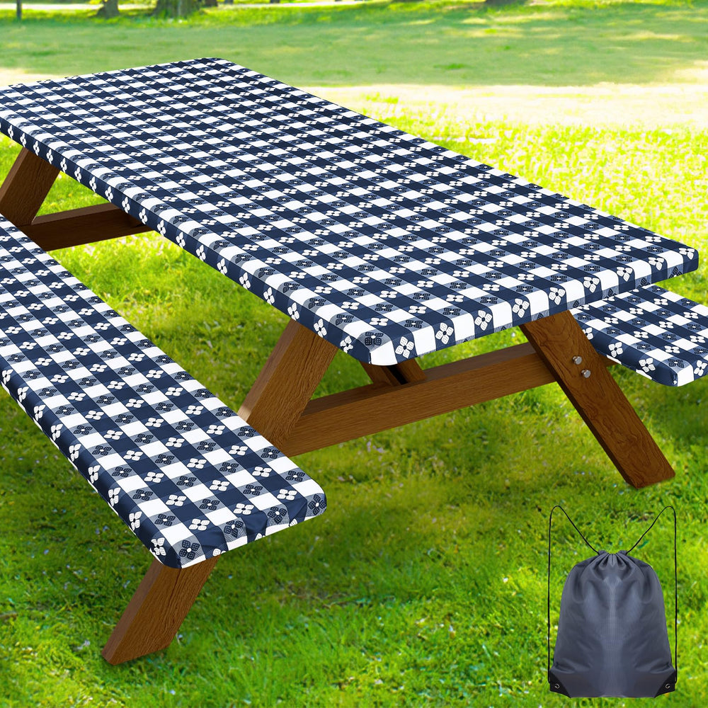 Smiry Picnic Table Cover Set in Dark Blue & White, front view