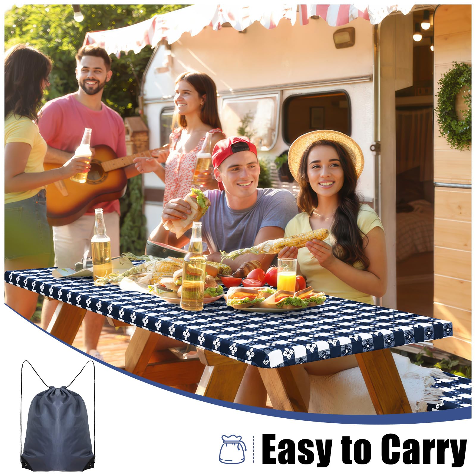 Smiry picnic table cover set in drawstring bag for storage