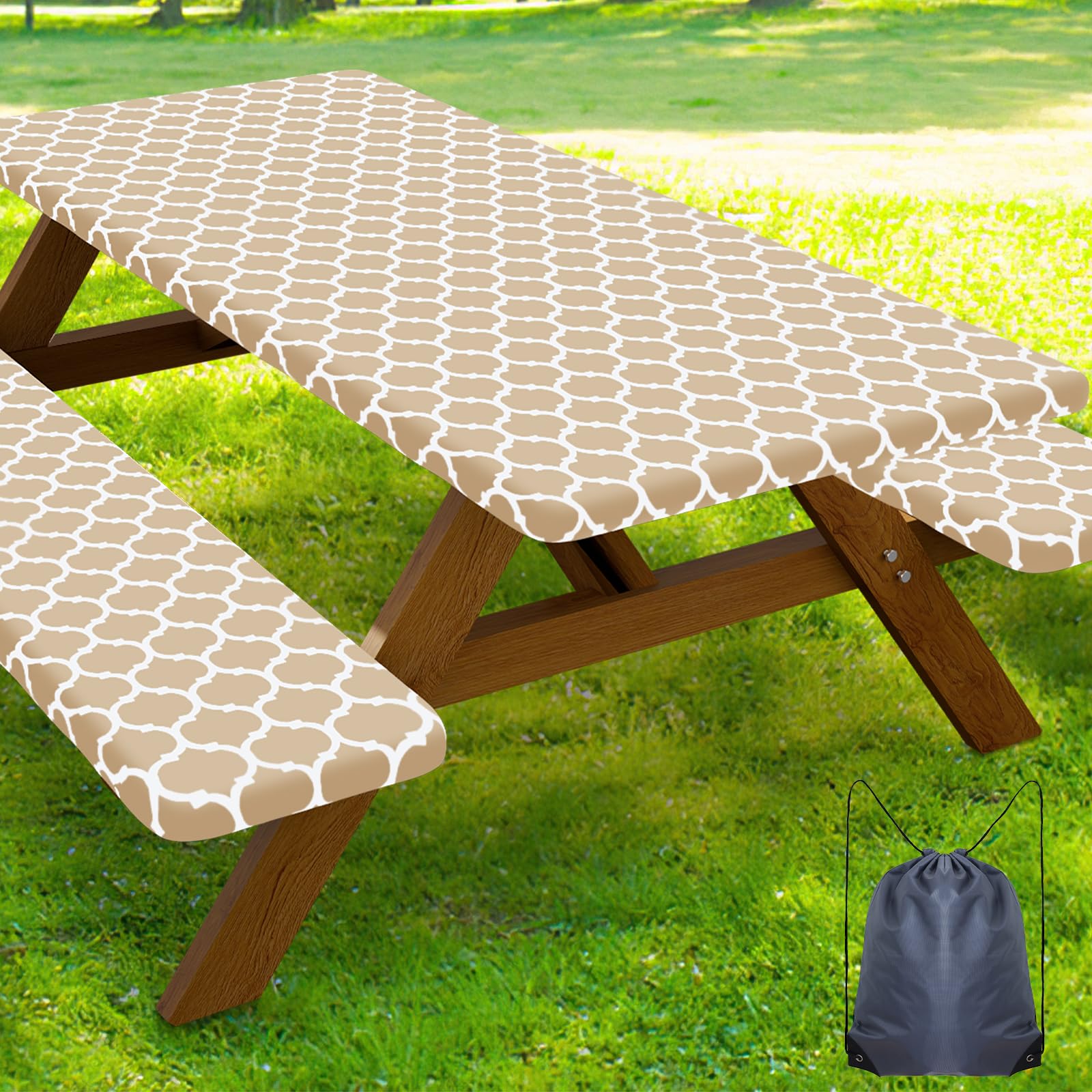 Smiry Picnic Table Cover Set in Khaki, front view