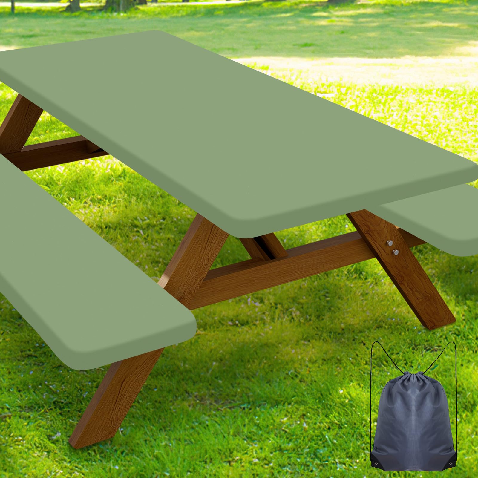 Smiry Picnic Table Cover set in sage green, front view