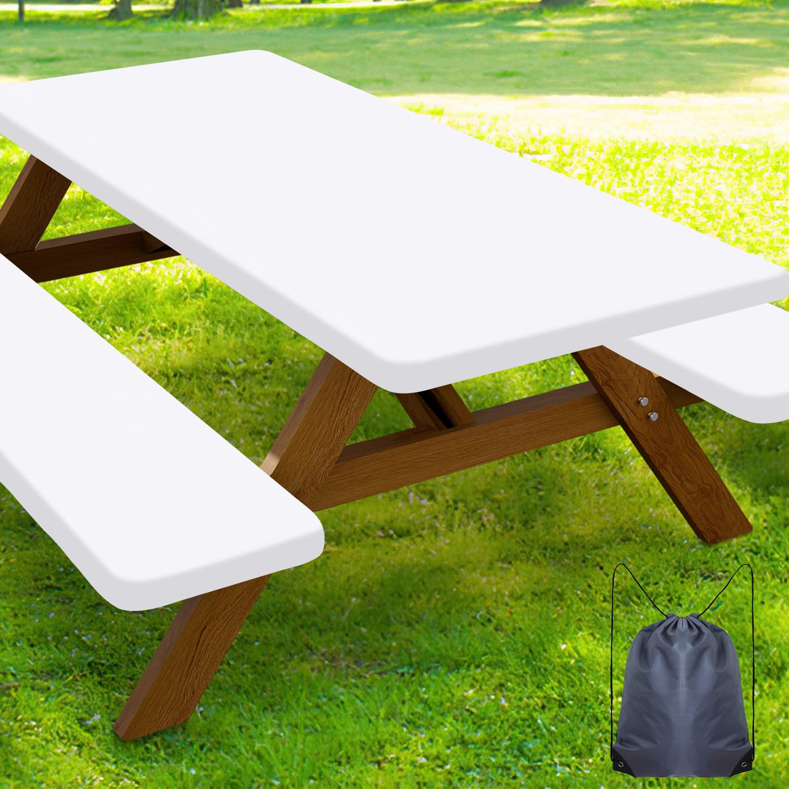 Smiry picnic table cover set including one table cover and two bench covers in white