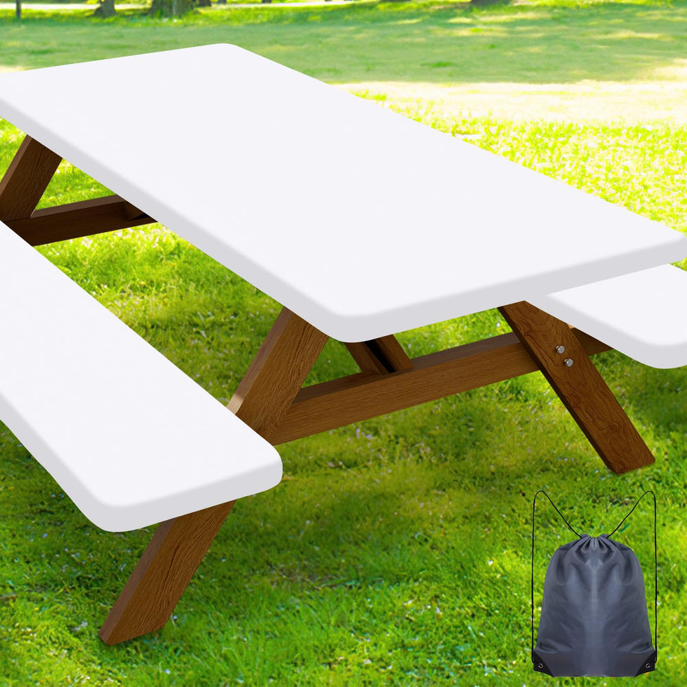 Smiry picnic table cover set including one table cover and two bench covers in white