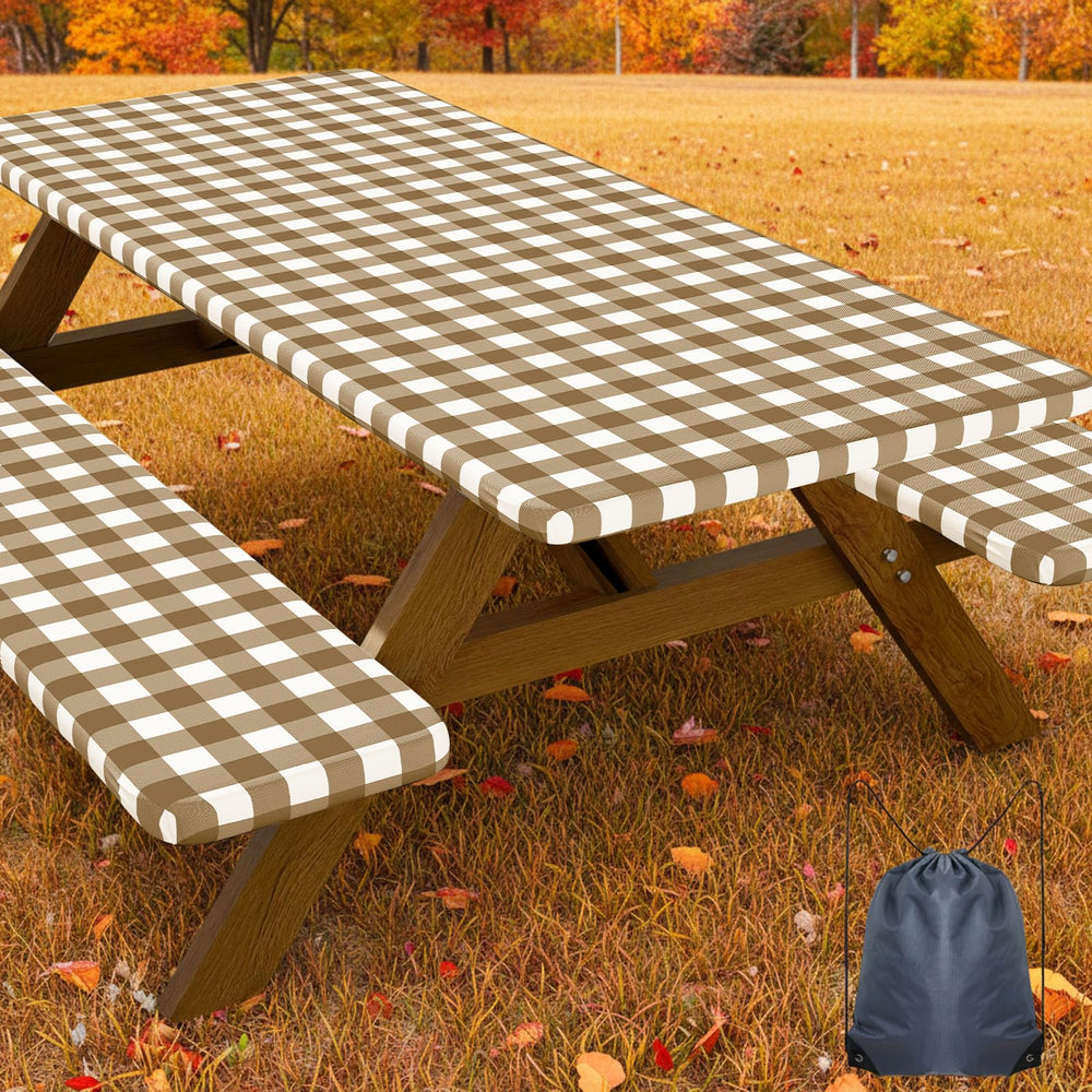 Smiry picnic table cover set including one table cover and two bench covers in brown and white