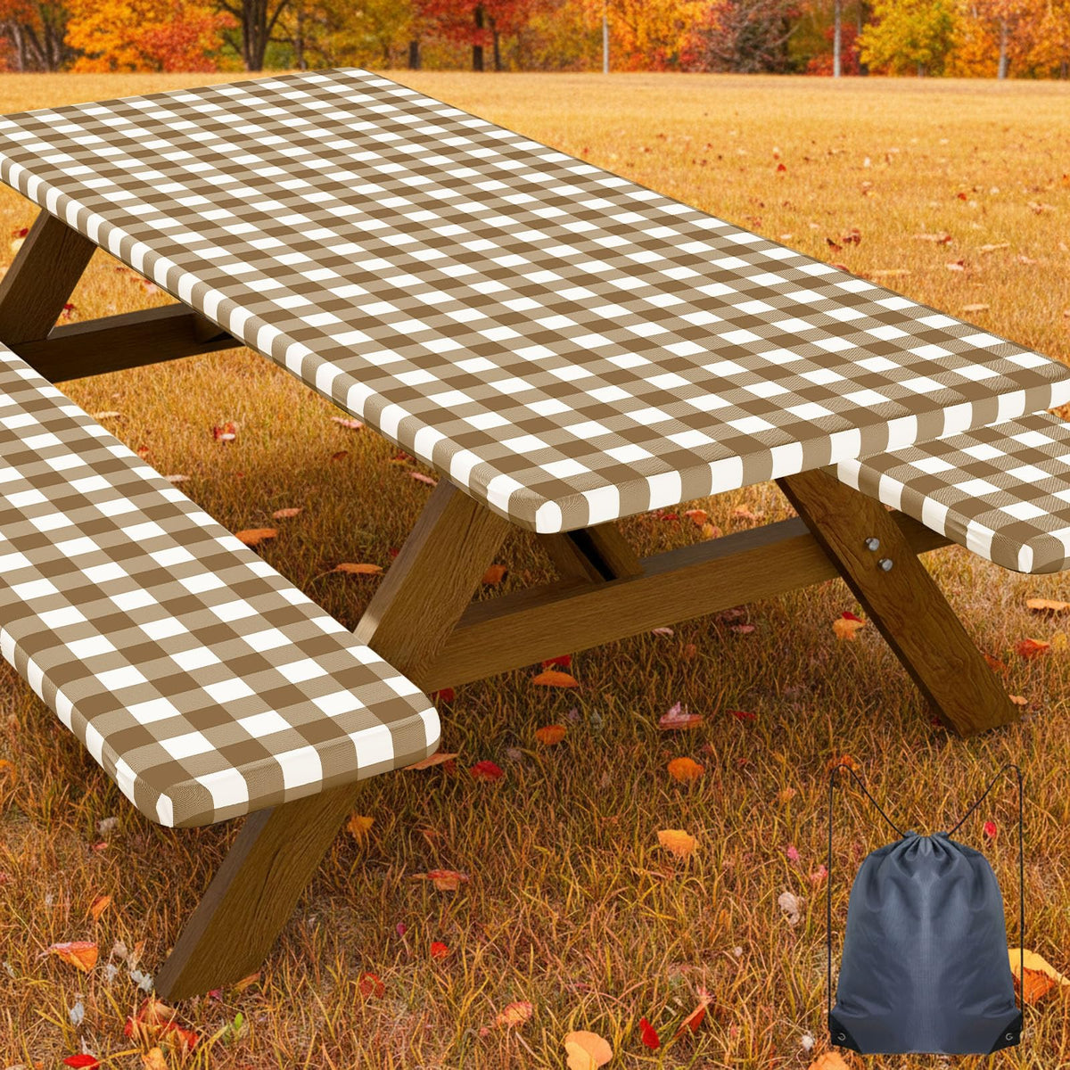 Smiry picnic table cover set including one table cover and two bench covers in brown and white