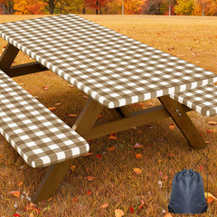 Smiry picnic table cover set including one table cover and two bench covers in brown and white