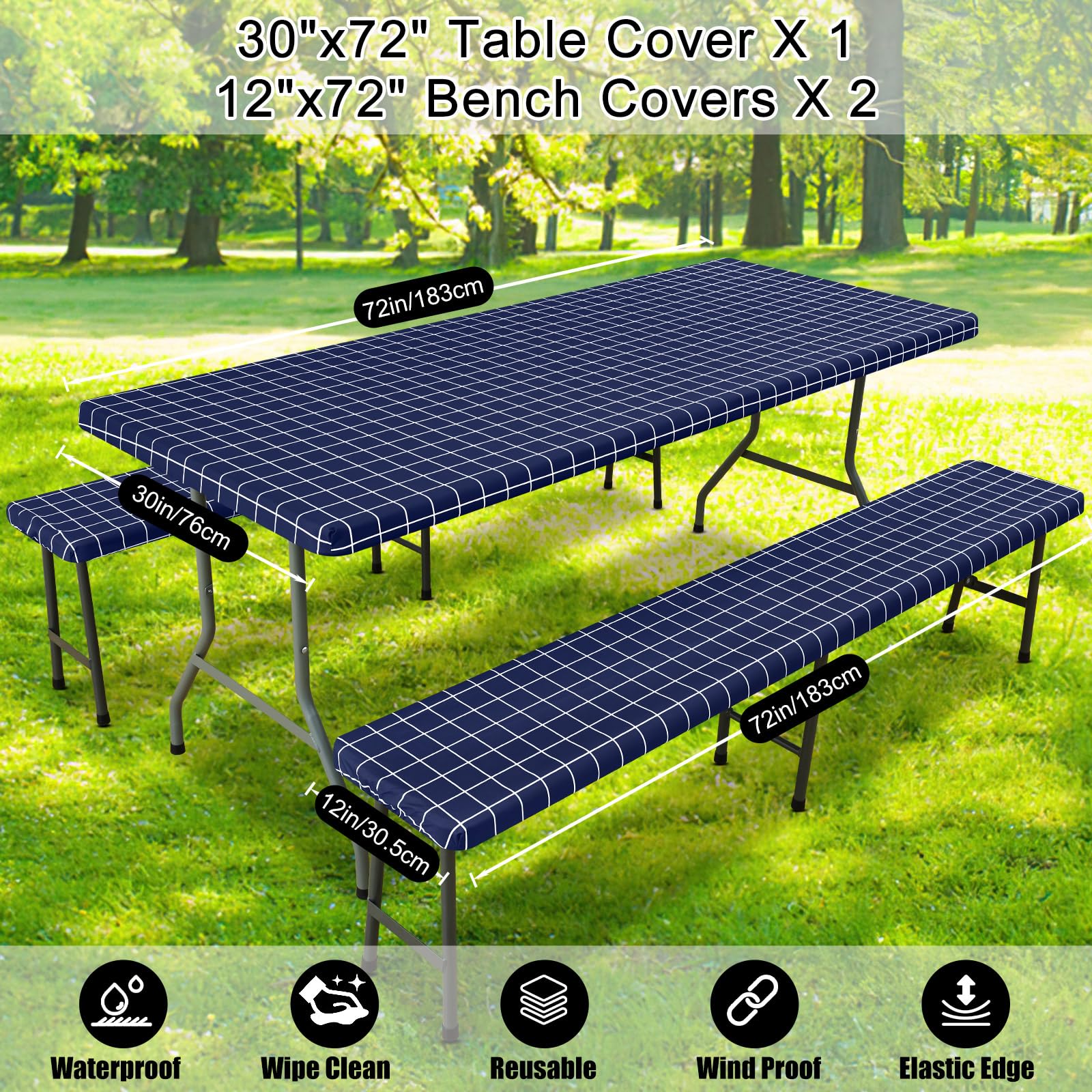Smiry Picnic Table Cover Set showing bench covers on benches