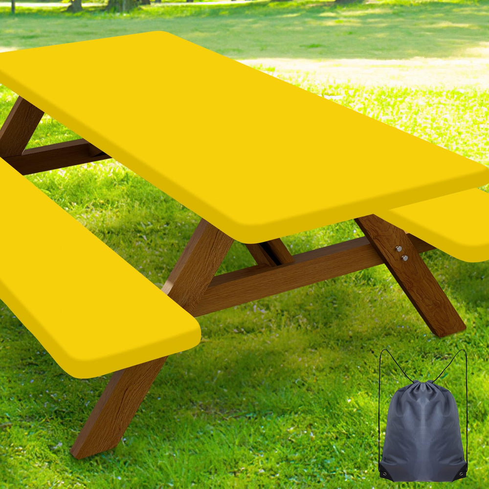 Smiry picnic table cover set with 1 table cover and 2 bench covers in yellow