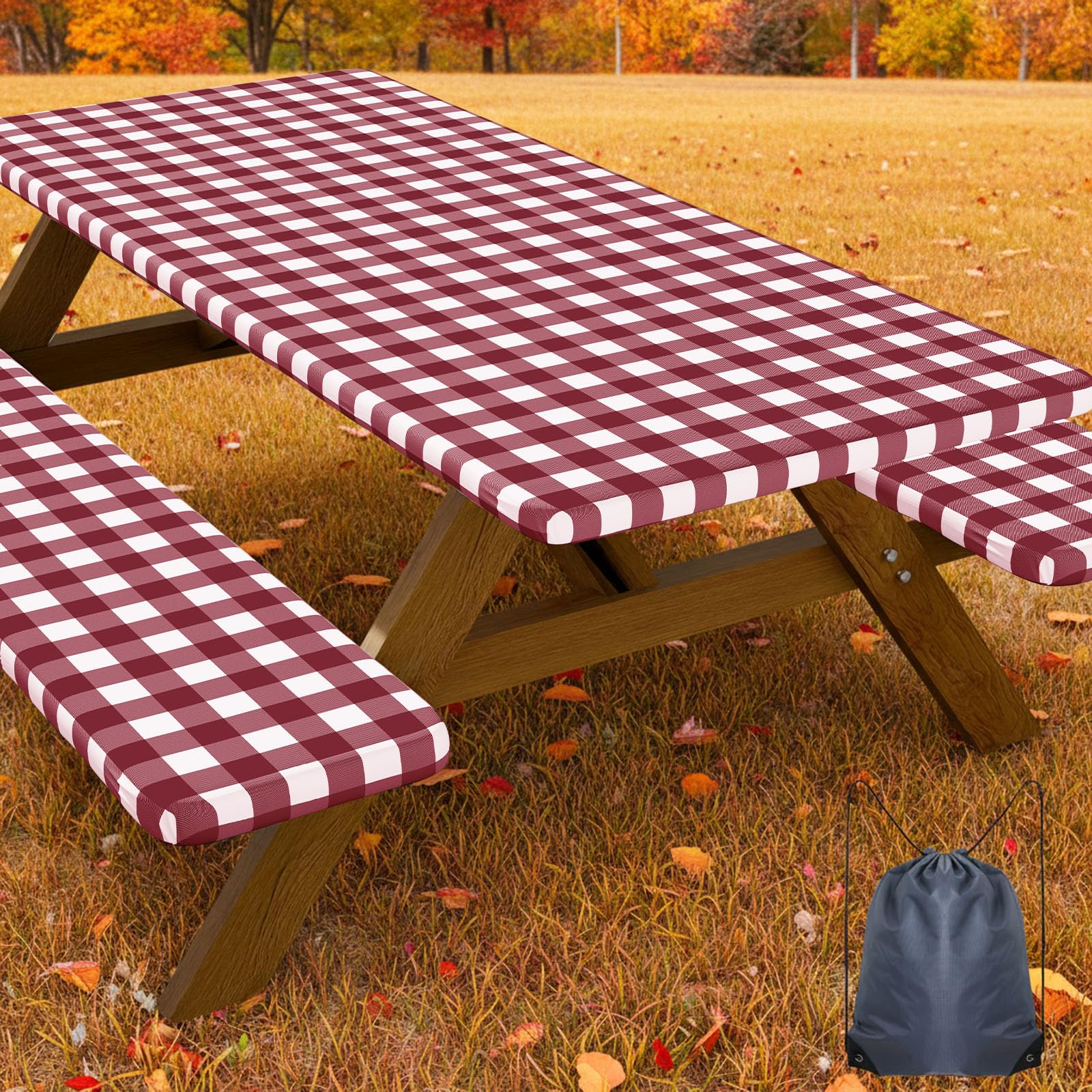 Smiry picnic table cover set with bench covers in burgundy and white