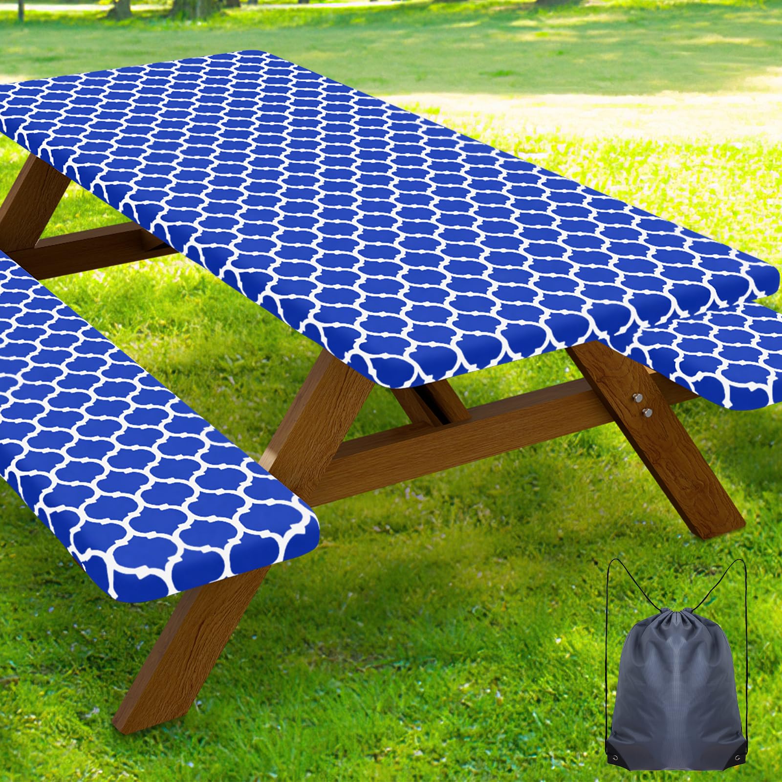 Smiry picnic table cover set with blue design, front view