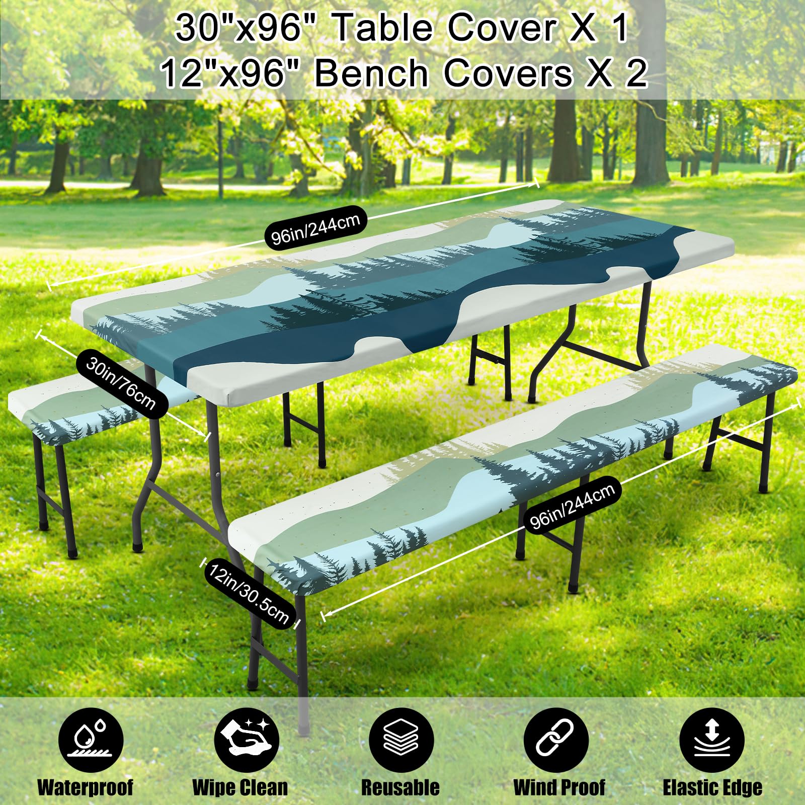 Smiry picnic table cover set with dimensions displayed